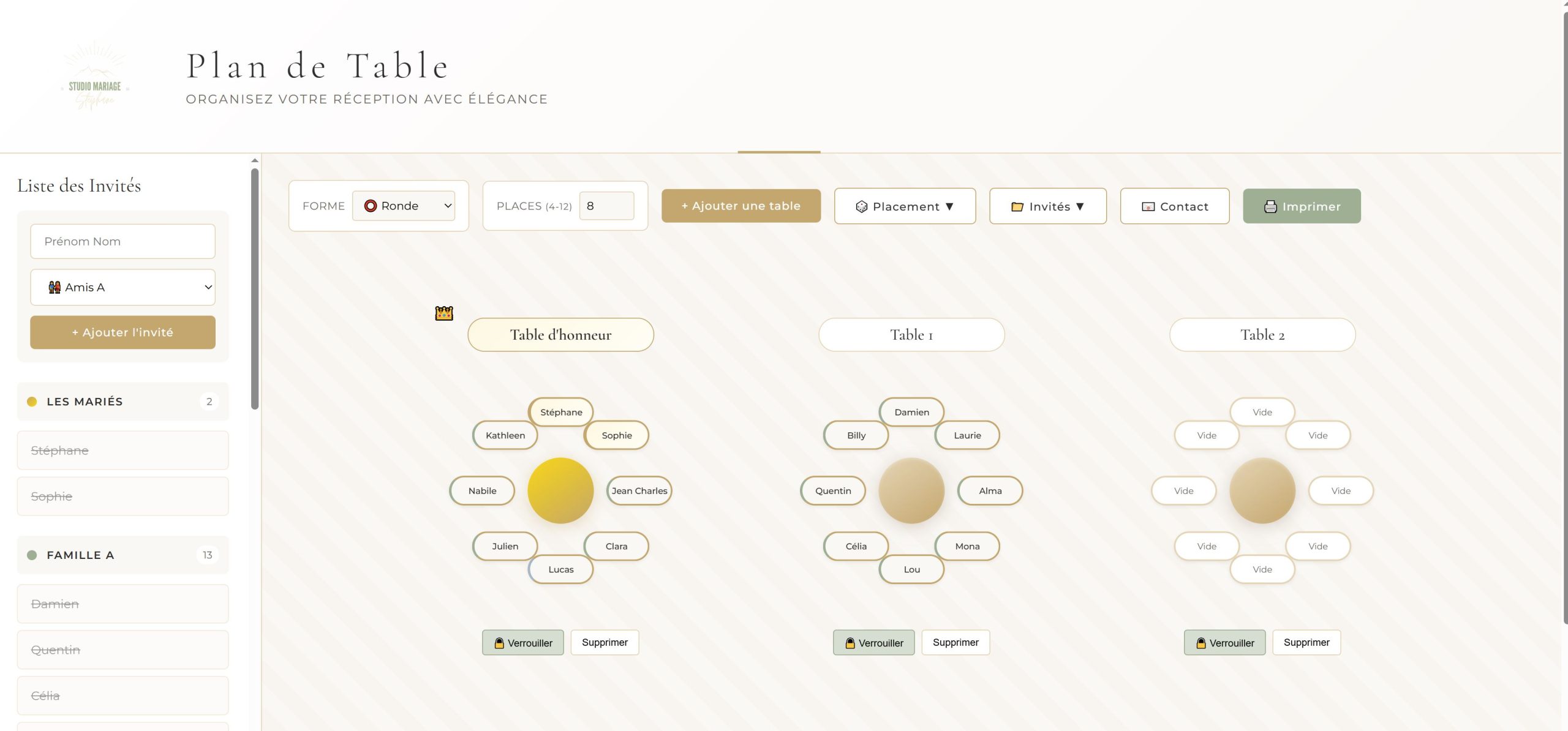 Interface plan de table avec invités placés
